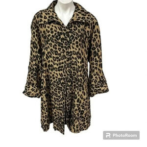 Dennis Basso M Brown Black Leopard Silk Blend Swing Coat